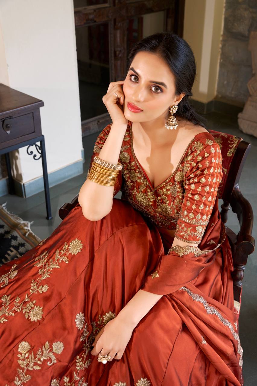 Rust Rangoli Silk Designer Lehenga for Women with Sequins Embroidery