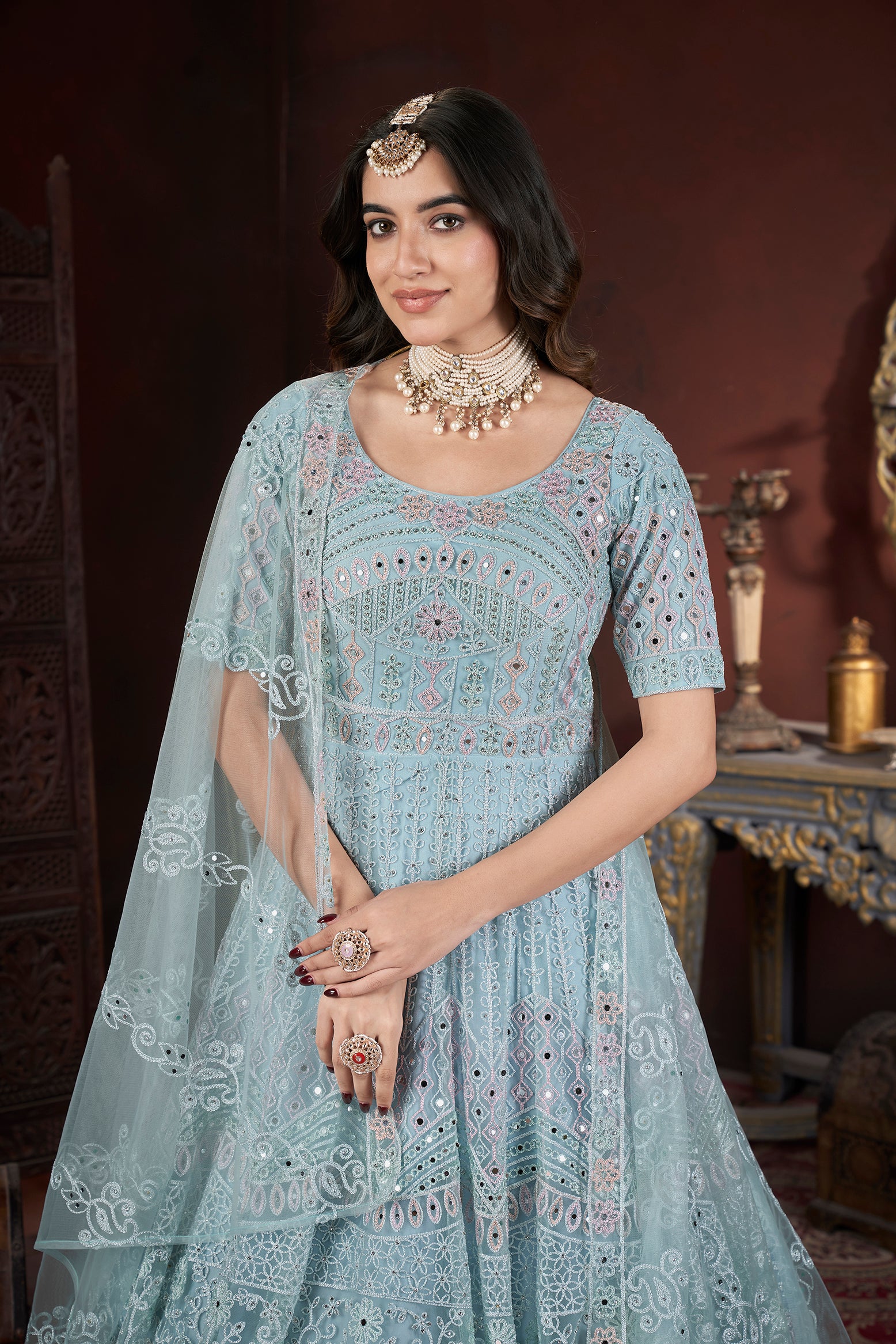 Long Floor-Length Embroidered Gown Front View