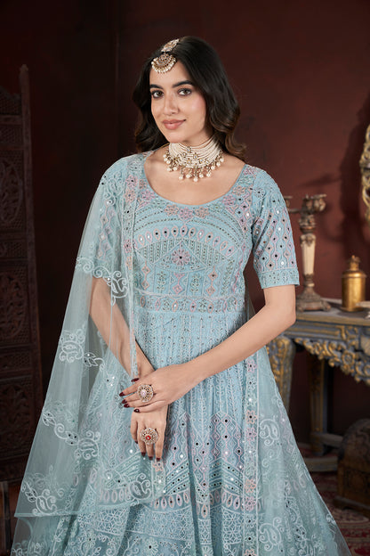 Long Floor-Length Embroidered Gown Front View