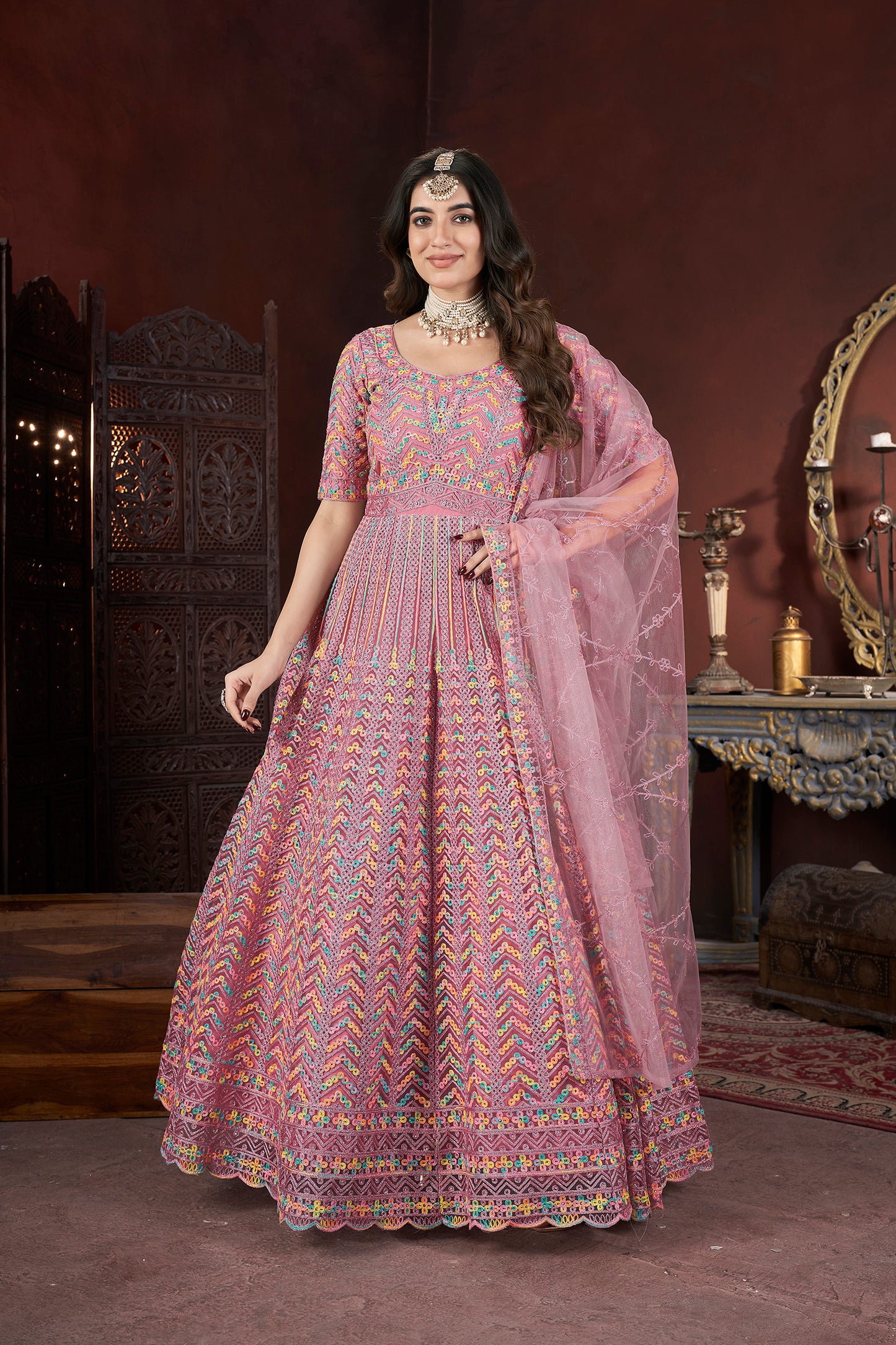 Long Floor-Length Embroidered Gown Front View
