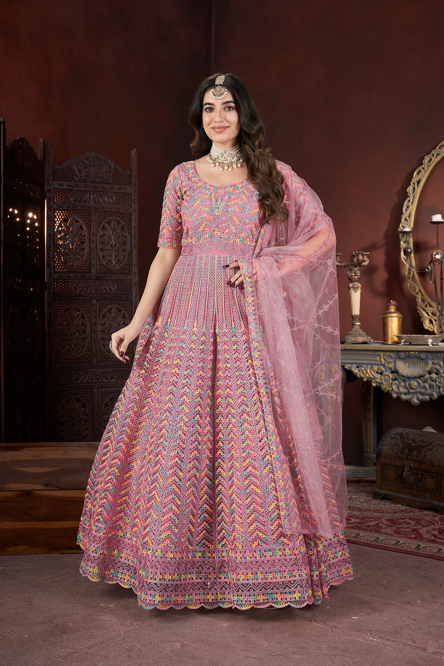 Long Floor-Length Embroidered Gown Front View