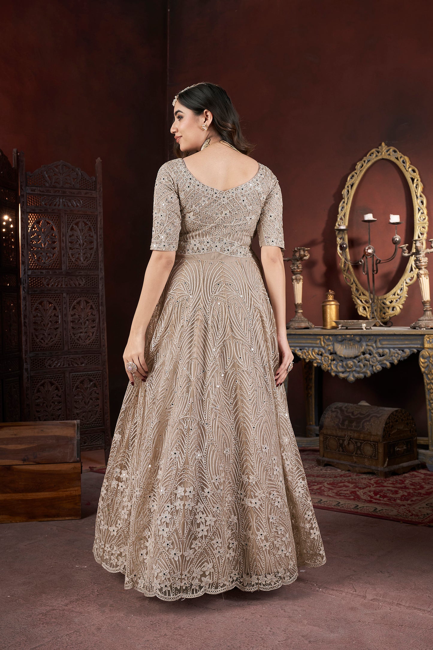 Long Floor-Length Embroidered Gown Front View