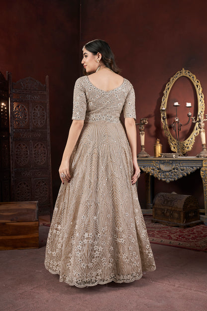 Long Floor-Length Embroidered Gown Front View