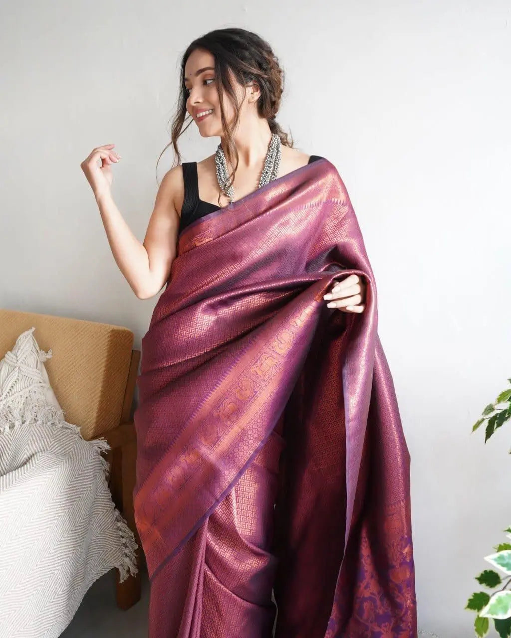Pure Soft Silk Copper Zari Saree with Brocade Blouse – Full View
