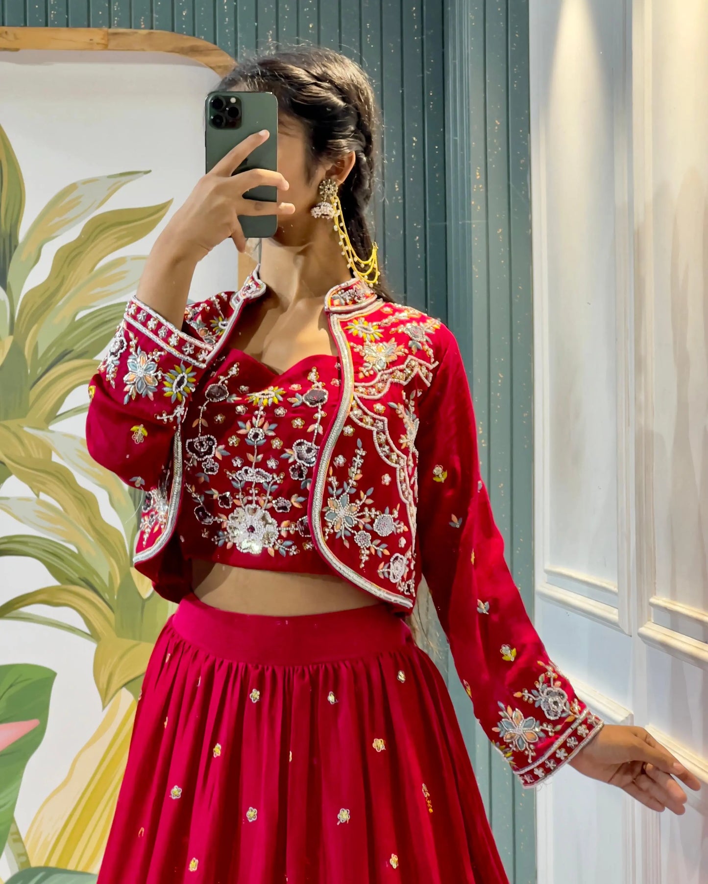 Red Indo-Western Short Jacket Lehenga – Handwork Embroidery Tijori Threads