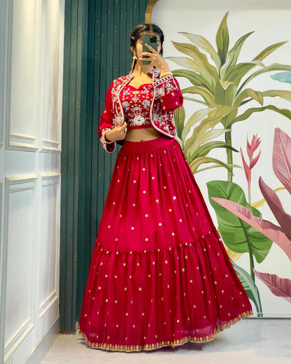 Red Indo-Western Short Jacket Lehenga – Handwork Embroidery Tijori Threads