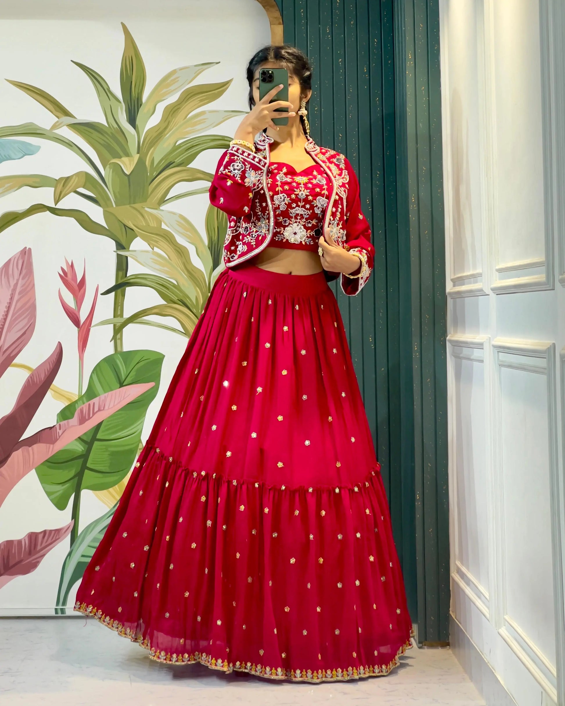 Red Indo-Western Short Jacket Lehenga – Handwork Embroidery Tijori Threads