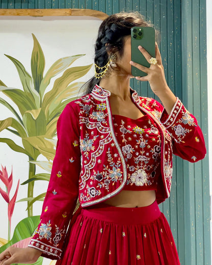 Red Indo-Western Short Jacket Lehenga – Handwork Embroidery Tijori Threads