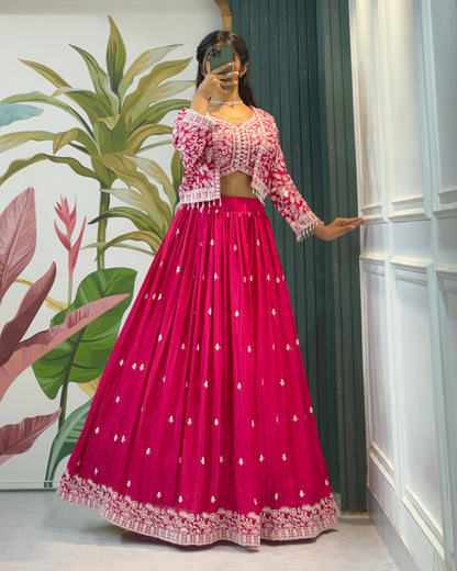 Hot Pink Indo-Western Jacket Lehenga Set with Lucknowi Embroidery