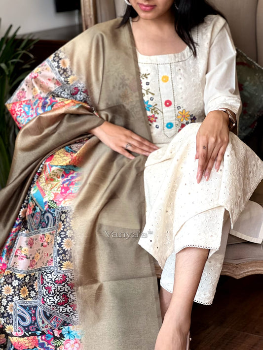 Cream Cotton Schiffli Chikan Suit Set with Chanderi Dupatta