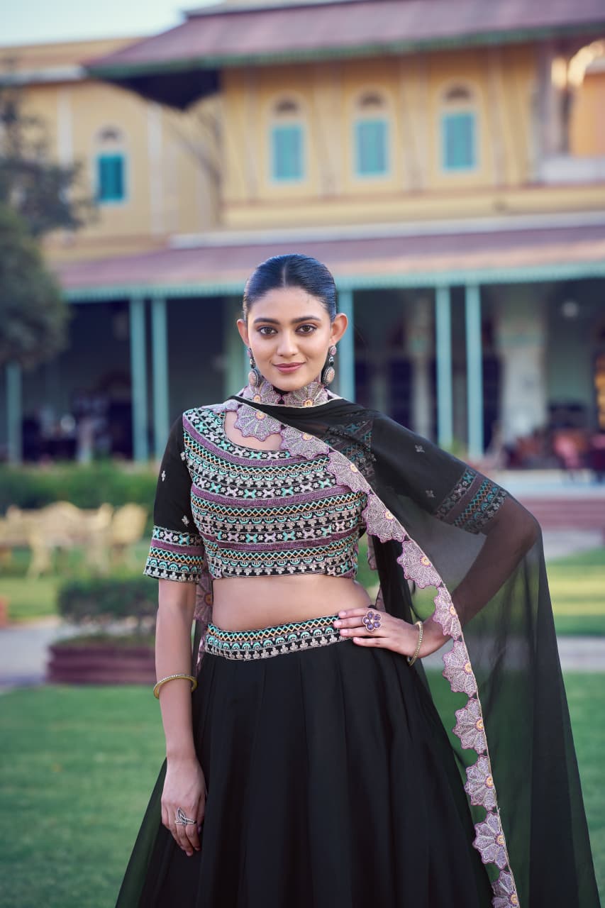 Designer Embroidered Georgette Lehenga Choli Set with Floral Scallop Dupatta for Navratri & Festive Wear