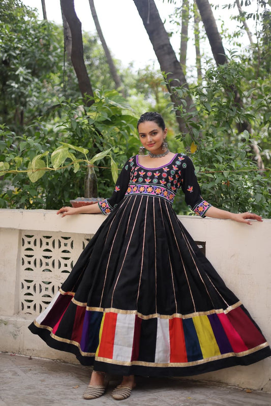 Designer Navratri gown with multicolor thread work and gota lace – festive wear for women