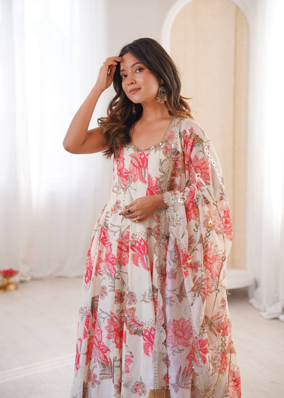 Organza floral print dupatta with embroidery