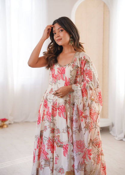 Organza floral print dupatta with embroidery