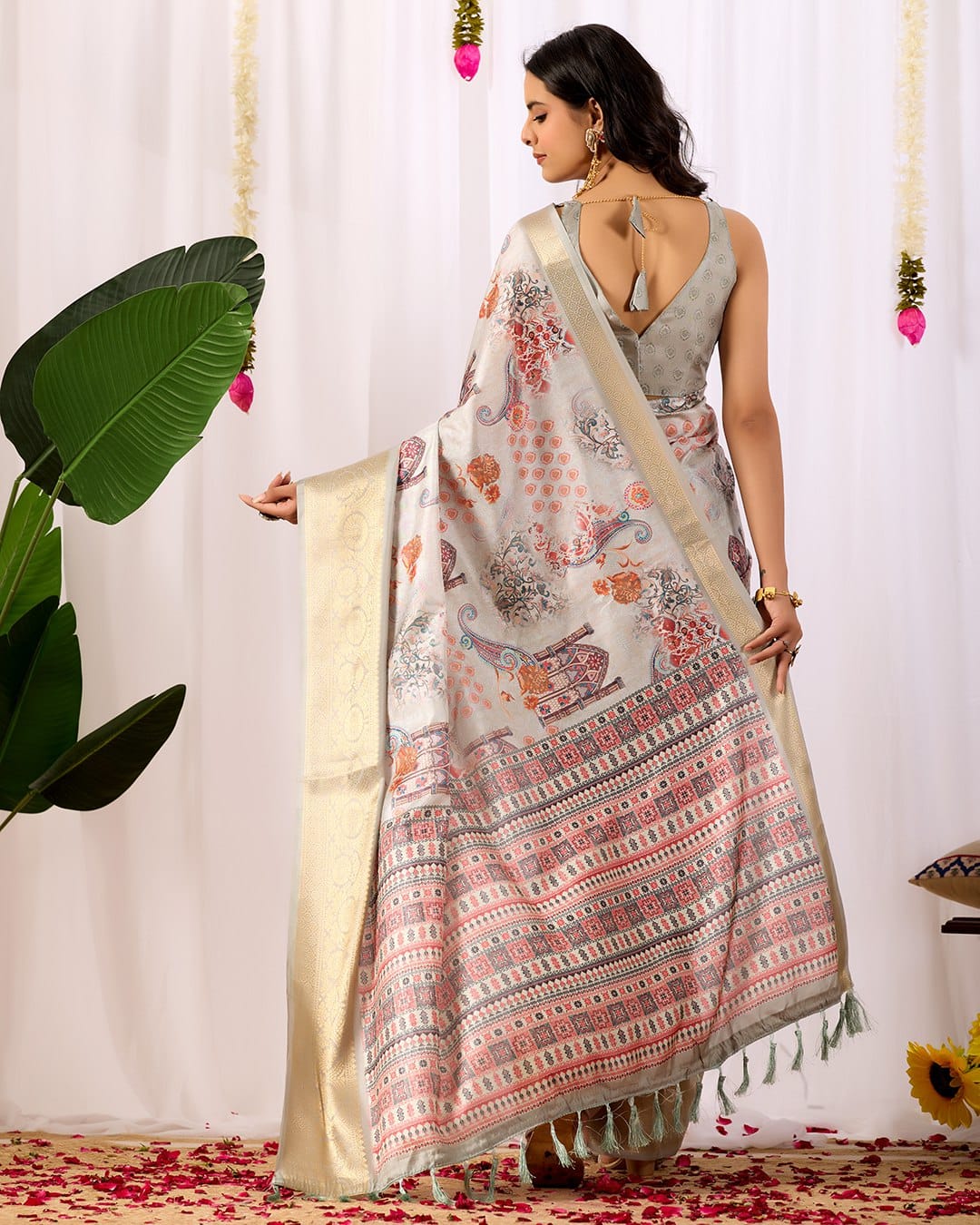 Lichi Silk saree drape showcasing zari weaving