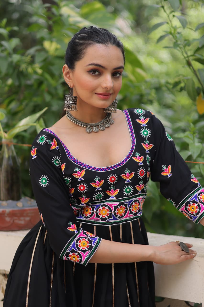 Designer Navratri gown with multicolor thread work and gota lace – festive wear for women