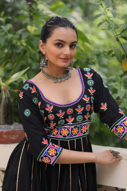 Designer Navratri gown with multicolor thread work and gota lace – festive wear for women