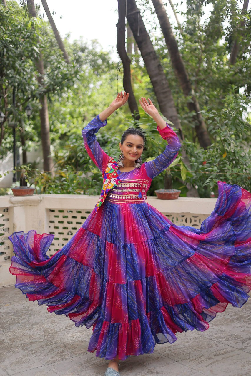 Full Sleeve Bandhej & Laheriya Gown with 12 Meter Flair