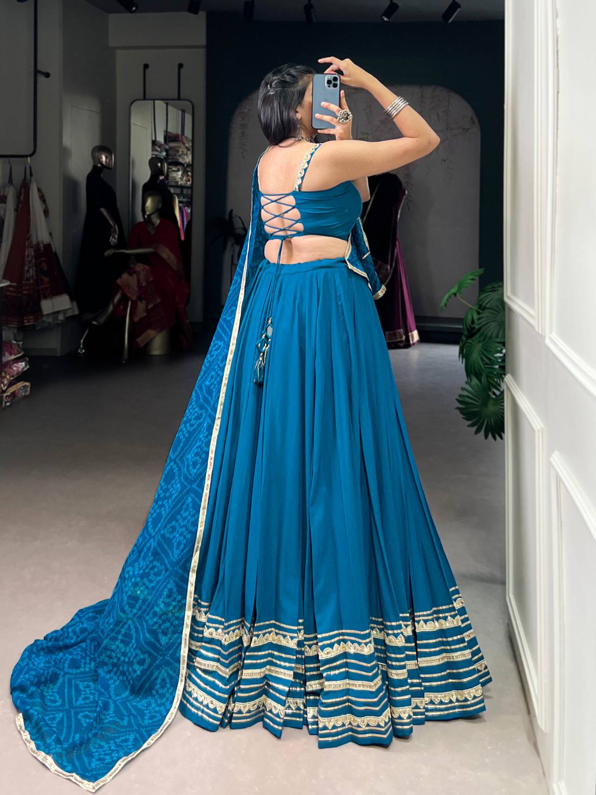 Blue Rayon Lehenga Choli with Bandhej Dupatta