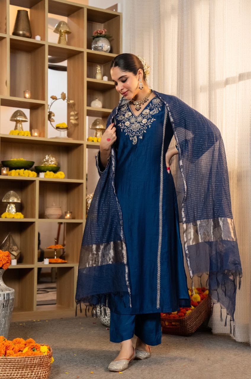 embroidered silk kurta with banarasi dupatta