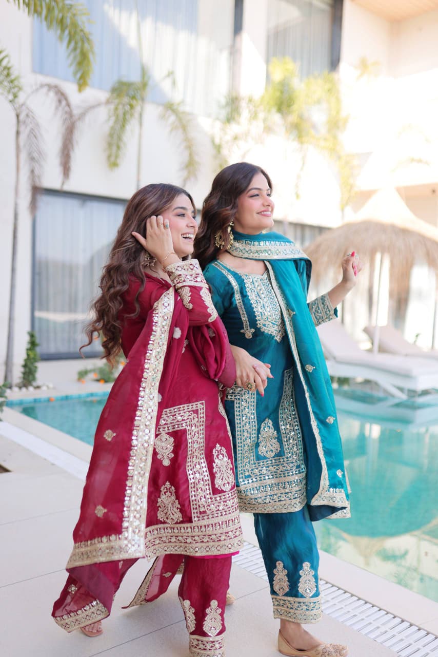 fendi silk kurti pant dupatta set