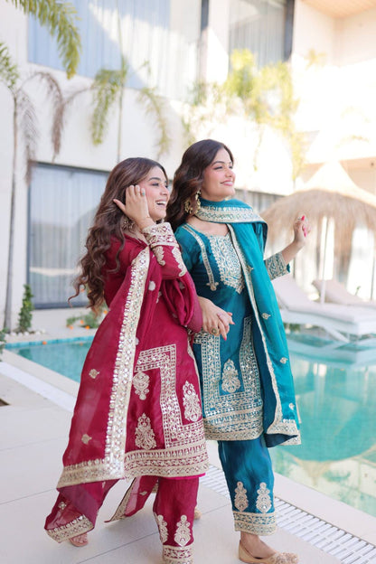 fendi silk kurti pant dupatta set