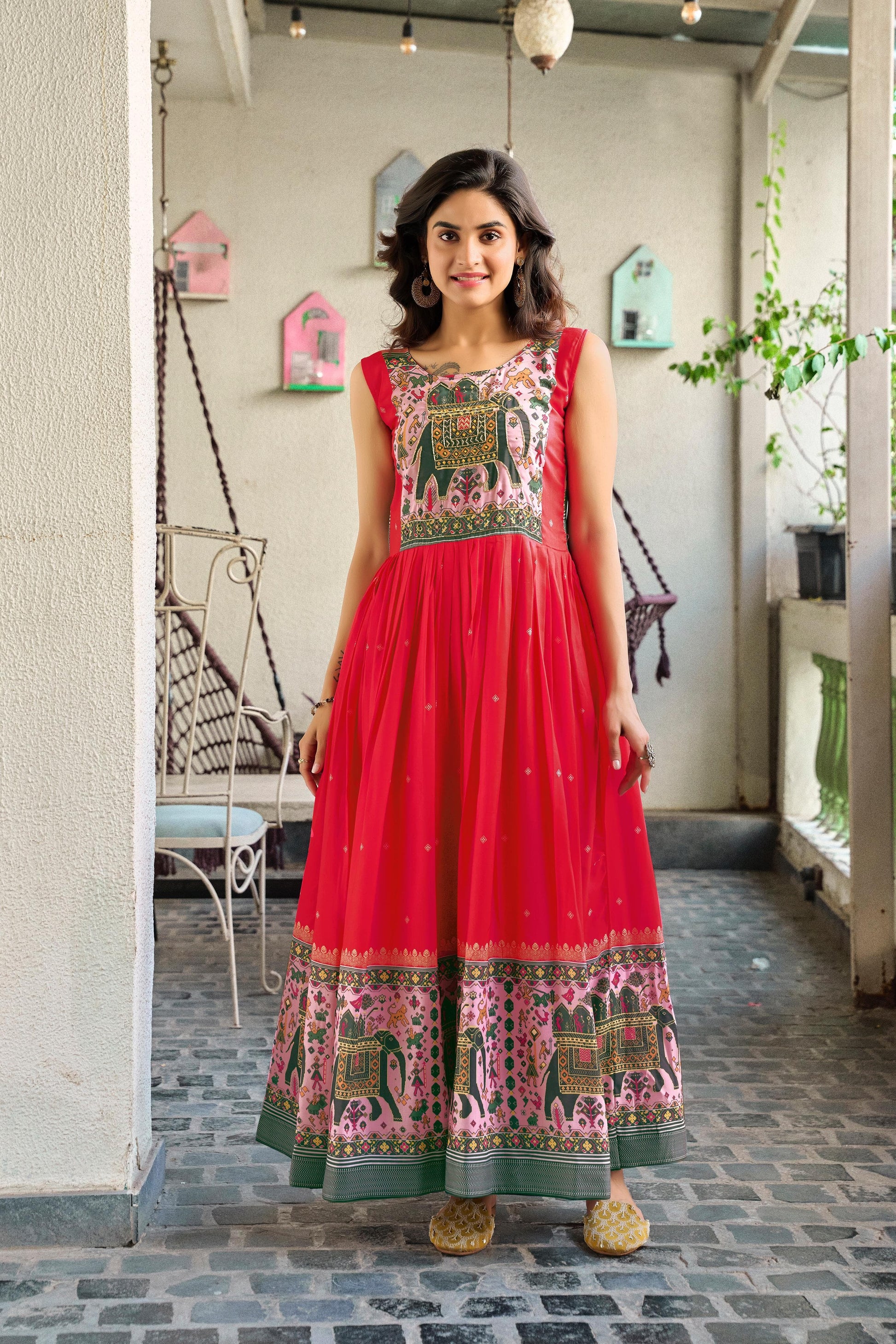 Muslin Silk Anarkali Gown with Neck Handwork for Navratri