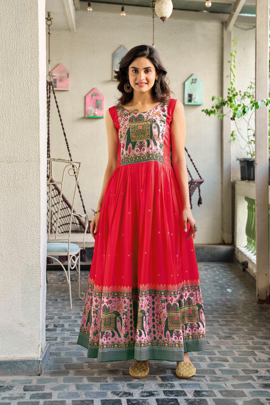Muslin Silk Anarkali Gown with Neck Handwork for Navratri