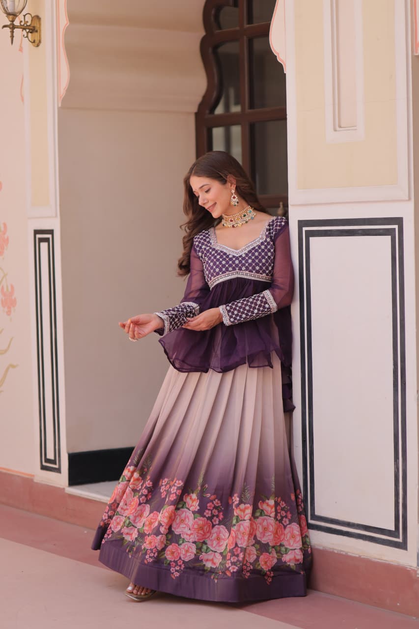 Stitched Party Wear Lehenga Gown in Gajri and Purple