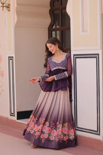 Stitched Party Wear Lehenga Gown in Gajri and Purple