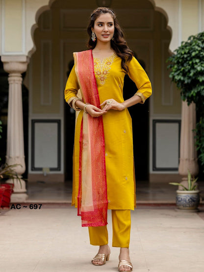 Yellow Mustard Rayon Kurti Pant Dupatta Set for Women