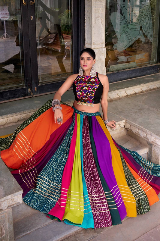 Navratri lehenga choli 2025 multicolor rayon with mirror work