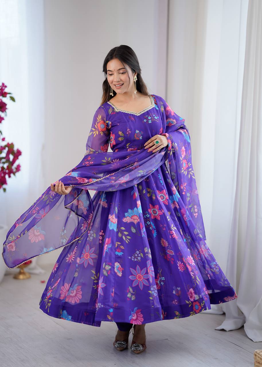 Organza Anarkali gown with dupatta and pant