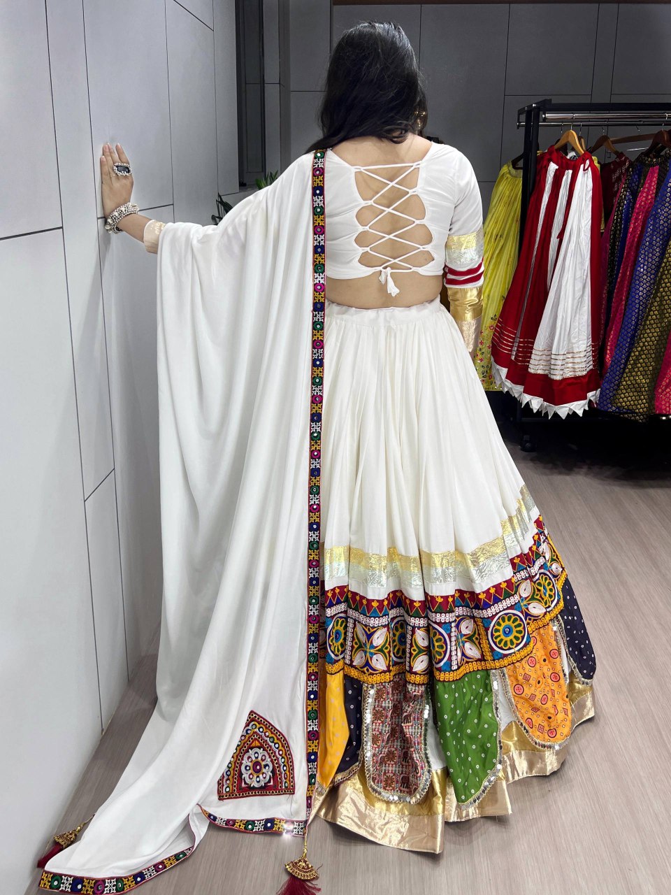 Multicolor Printed Lehenga with Mirror Work Blouse