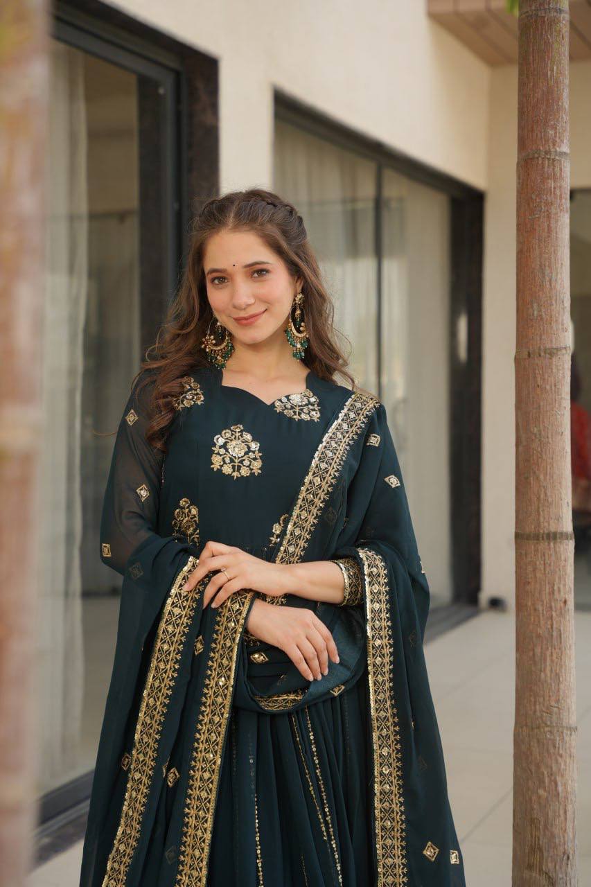 Premium Faux Blooming Gown with Dupatta – Zari & Sequins Embroidery