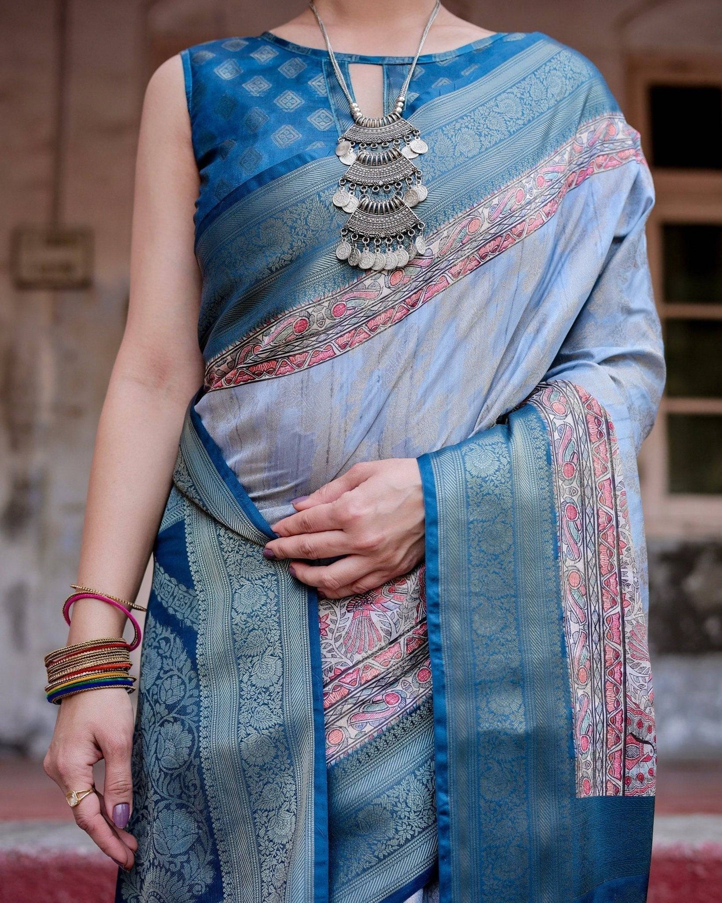 Elegant Blue and Beige Banarasi Silk Saree with Ornate Zari Weaving and Tassels