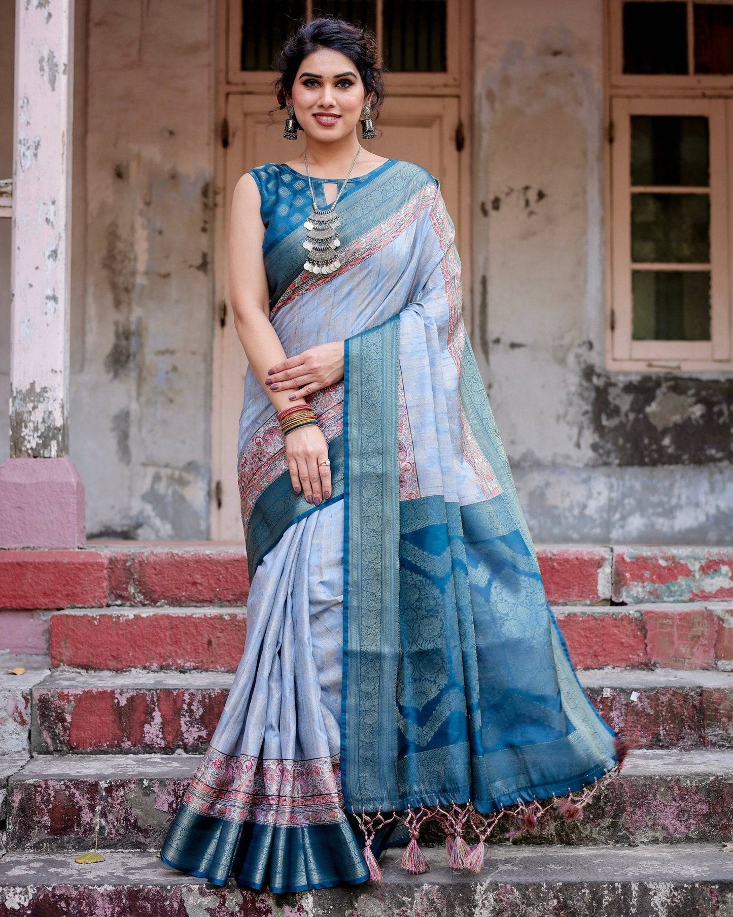 Elegant Blue and Beige Banarasi Silk Saree with Ornate Zari Weaving and Tassels