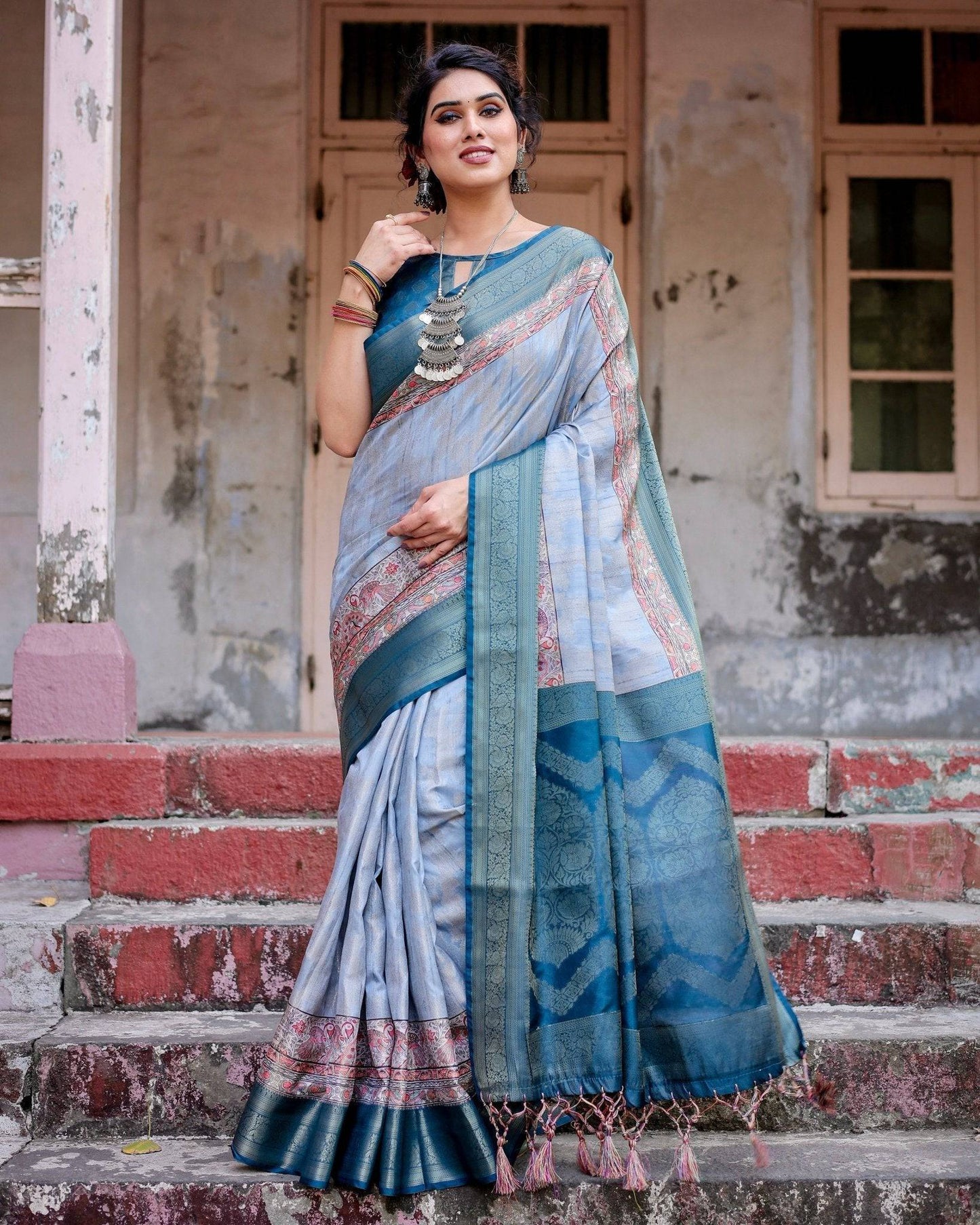 Elegant Blue and Beige Banarasi Silk Saree with Ornate Zari Weaving and Tassels