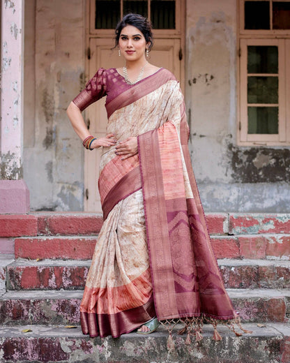 Marble-Print Banarasi Silk Saree in Deep Maroon with Zari Weaving and Tassels