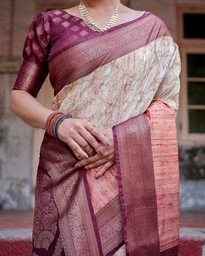 Marble-Print Banarasi Silk Saree in Deep Maroon with Zari Weaving and Tassels