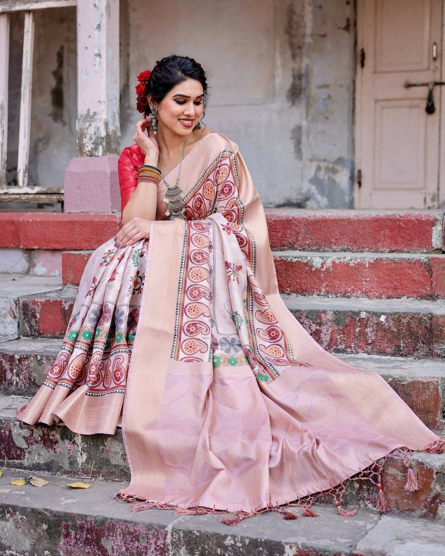 Peach Banarasi Silk Saree with Intricate Paisley and Floral Design