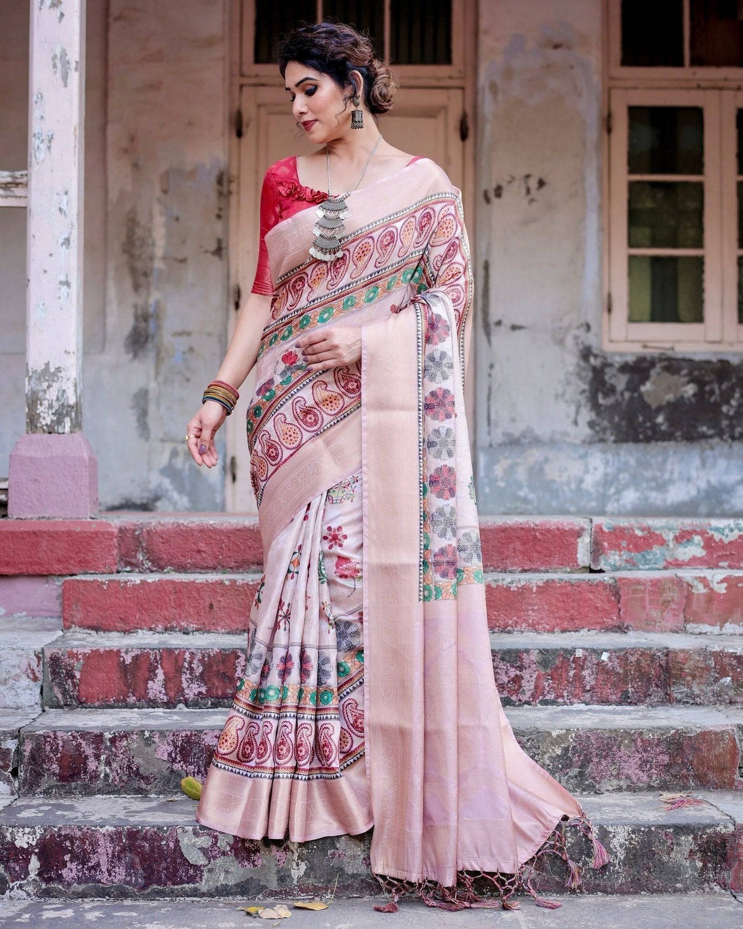 Peach Banarasi Silk Saree with Intricate Paisley and Floral Design