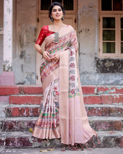 Peach Banarasi Silk Saree with Intricate Paisley and Floral Design