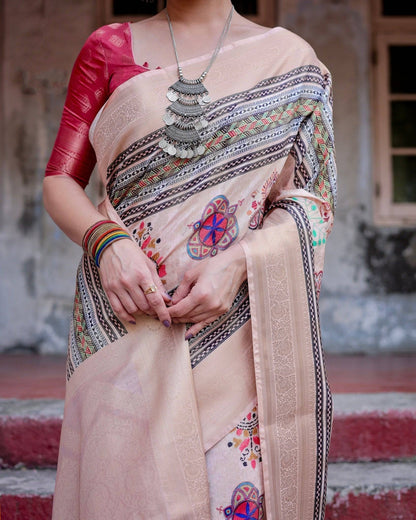 Elegant Peach Banarasi Silk Saree with Multicolor Embroidery and Tassels