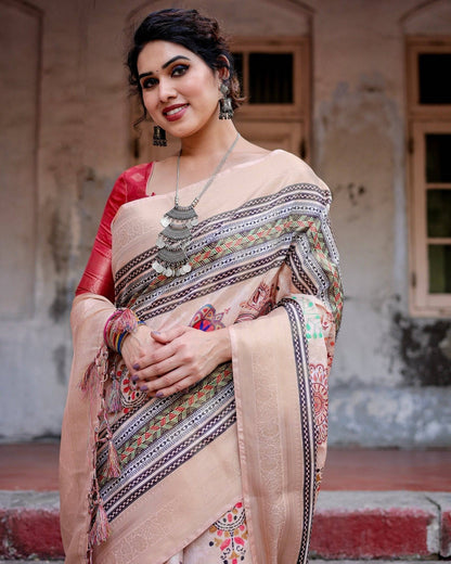 Elegant Peach Banarasi Silk Saree with Multicolor Embroidery and Tassels