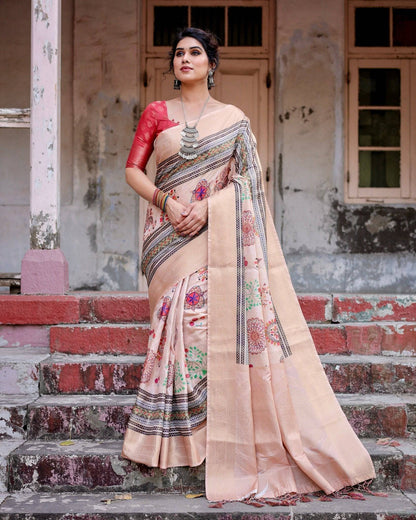 Elegant Peach Banarasi Silk Saree with Multicolor Embroidery and Tassels