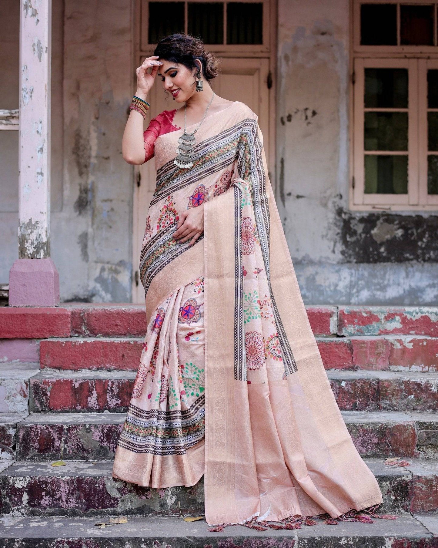 Elegant Peach Banarasi Silk Saree with Multicolor Embroidery and Tassels