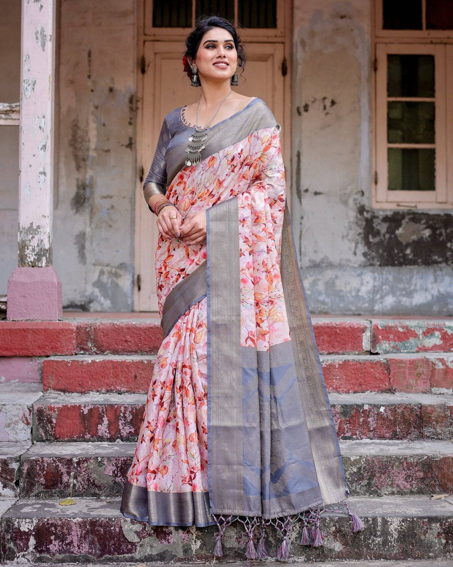 Graceful Grey Banarasi Silk Saree with Floral Elegance and Zari Accents