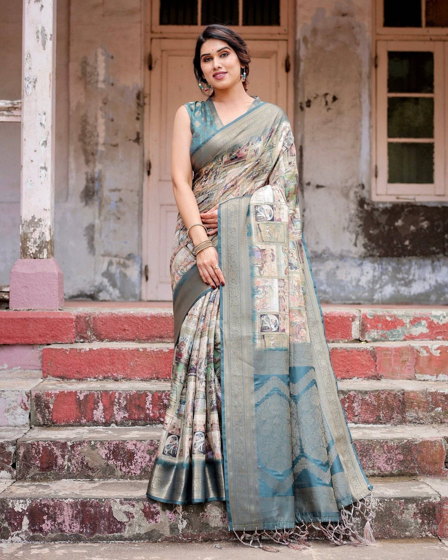 Graceful Teal Banarasi Silk Saree with Digital Vintage Prints and Zari Weaving