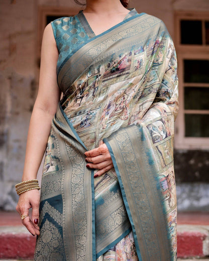 Graceful Teal Banarasi Silk Saree with Digital Vintage Prints and Zari Weaving